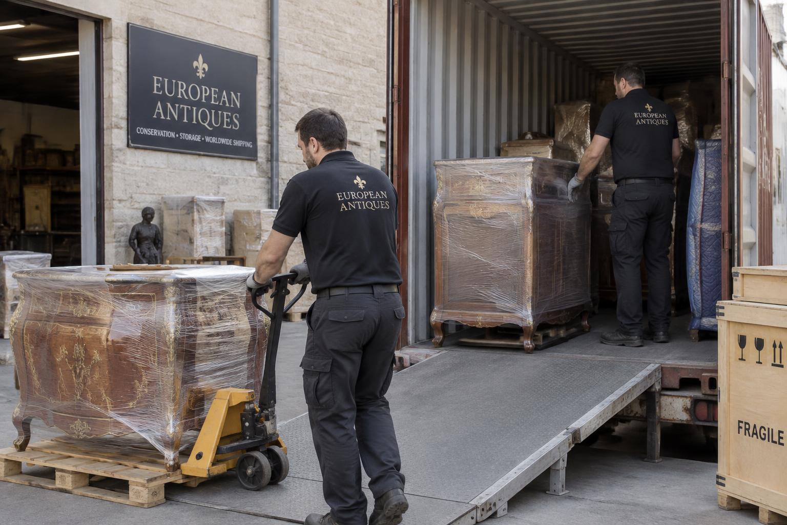 Workers loading wrapped antique furniture into a shipping container