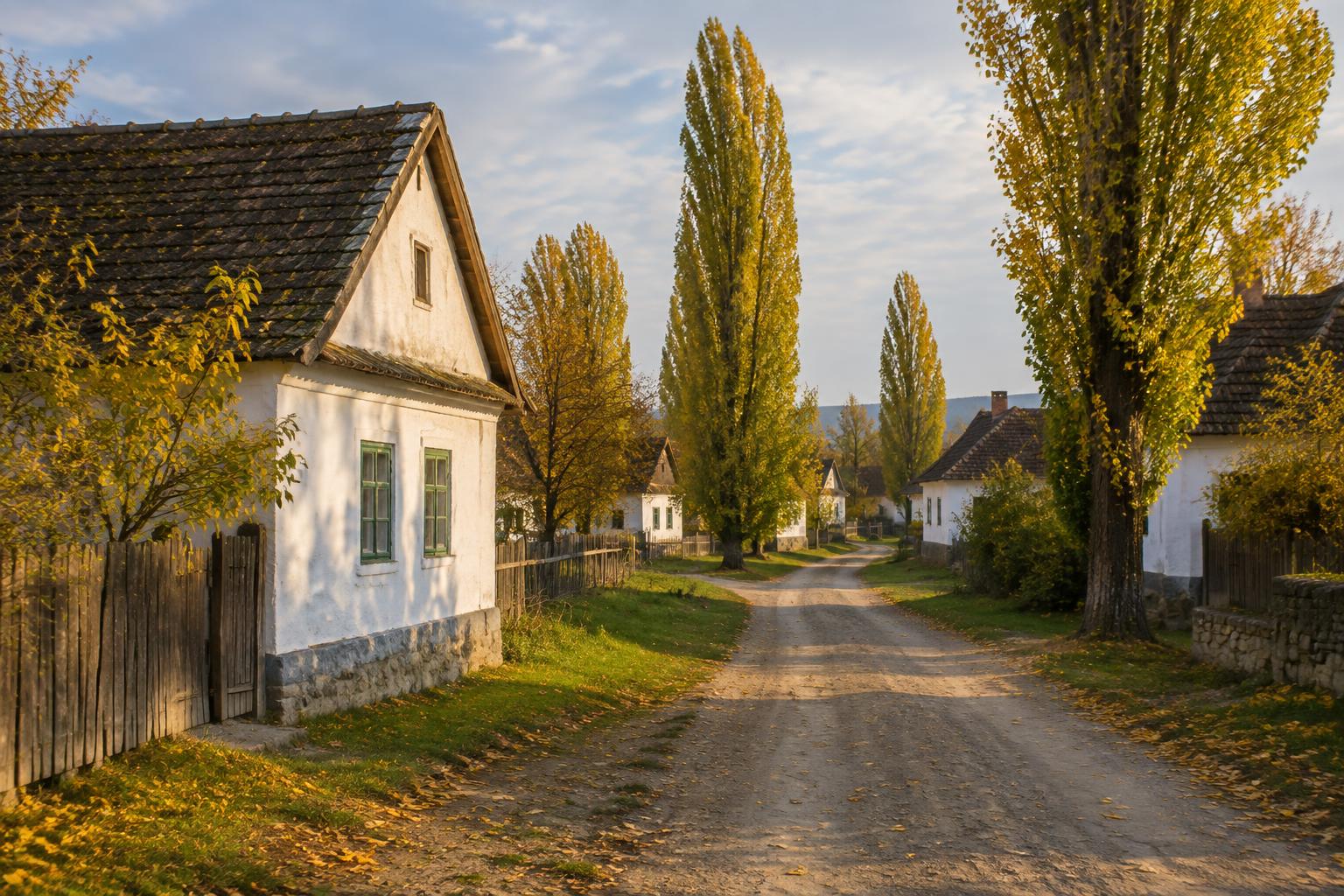 Hungarian village street with old farmhouses in autumn