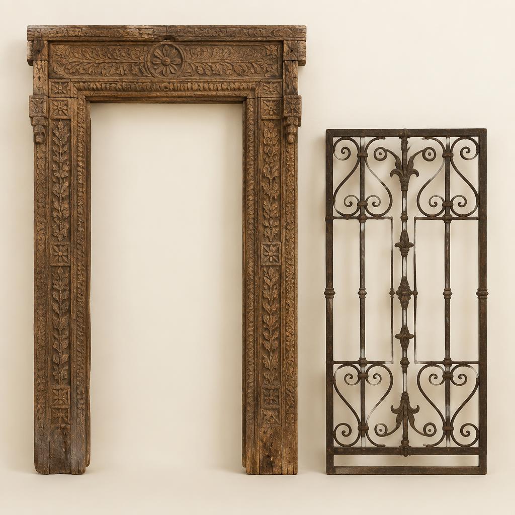 Carved wooden door frame and wrought iron window grille