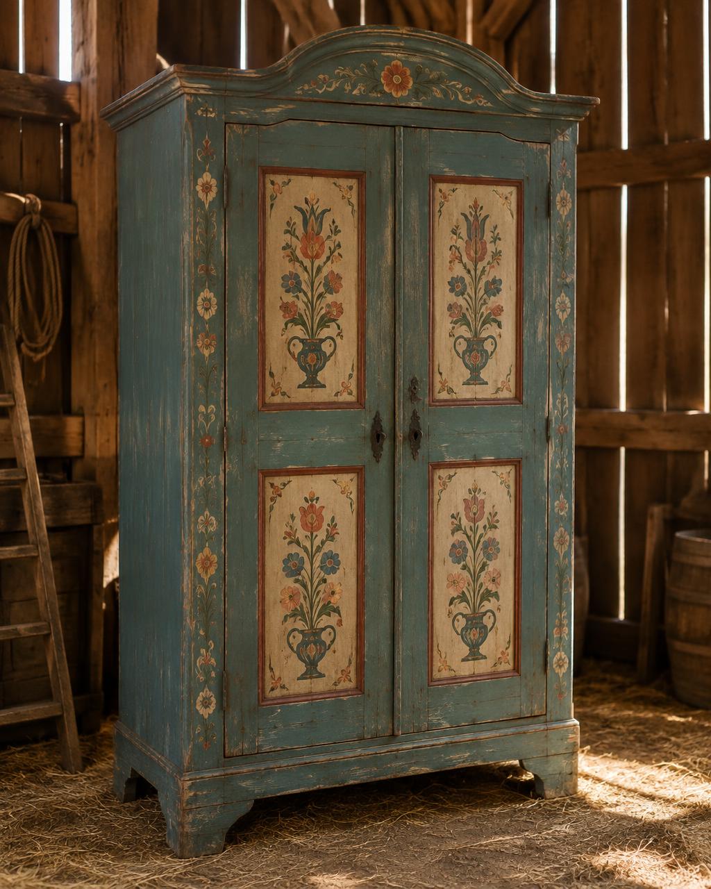 Blue painted Hungarian folk armoire with flower panels