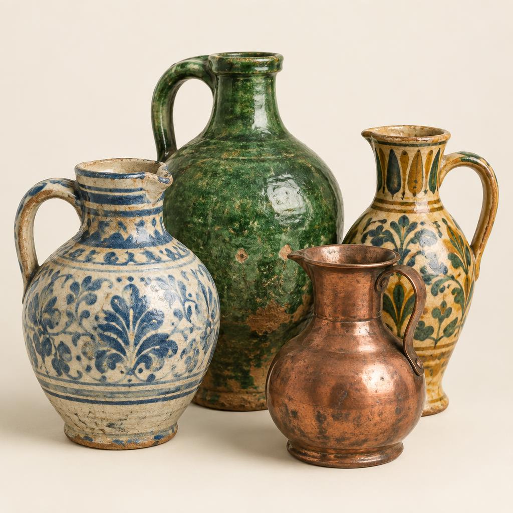 Group of antique glazed ceramic jugs and a copper vessel
