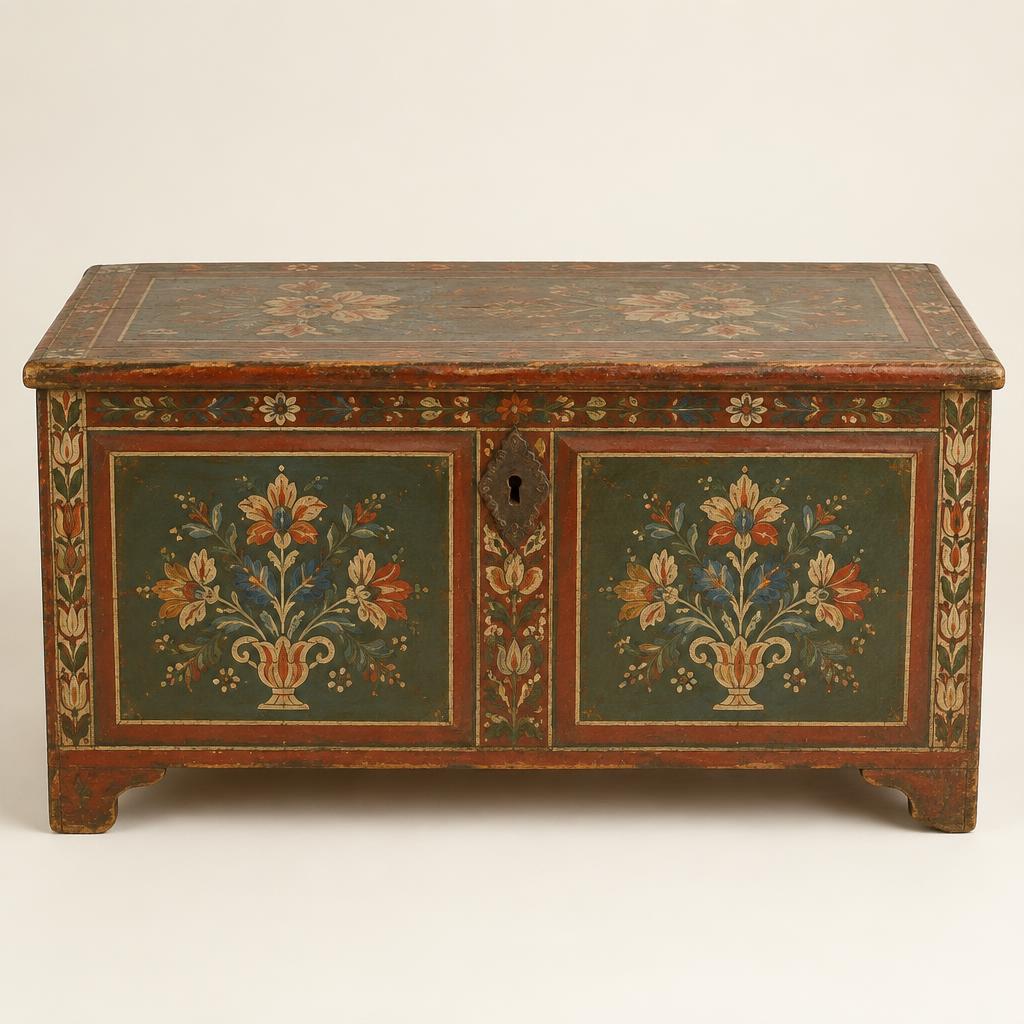 Hungarian painted folk dowry chest with floral motifs