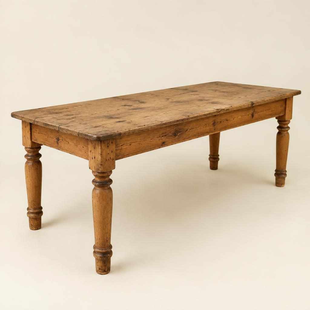 Antique rustic pine farmhouse table with worn patina