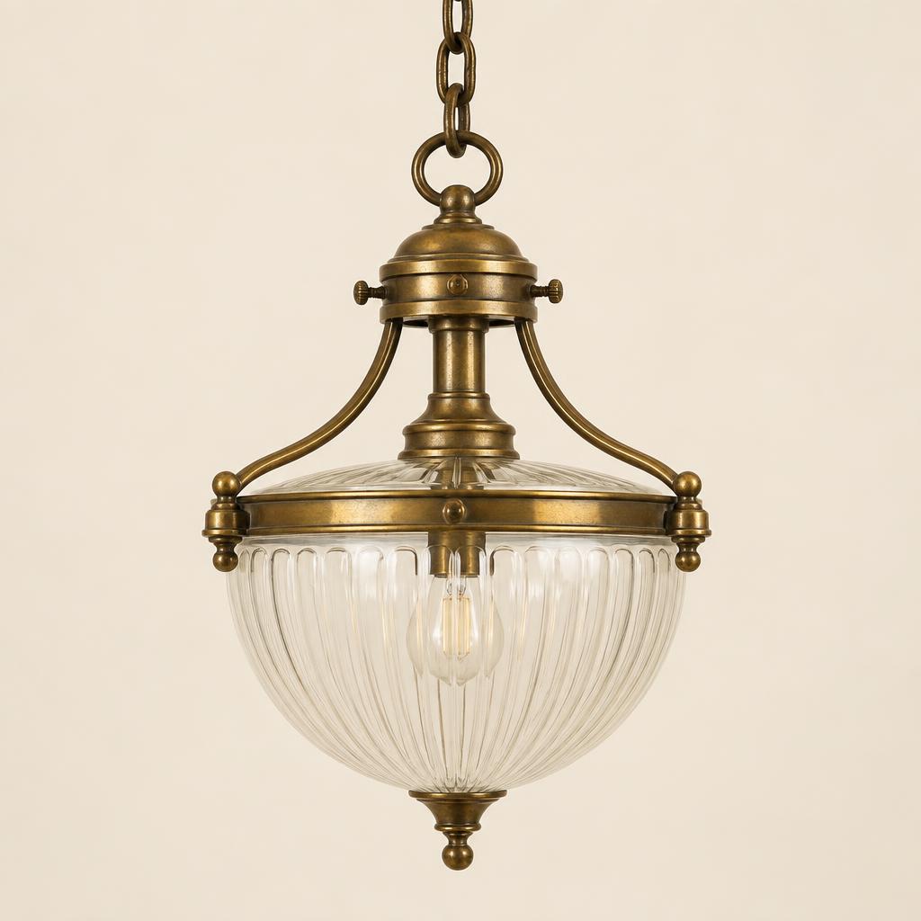 Vintage brass pendant lamp with ribbed glass shade