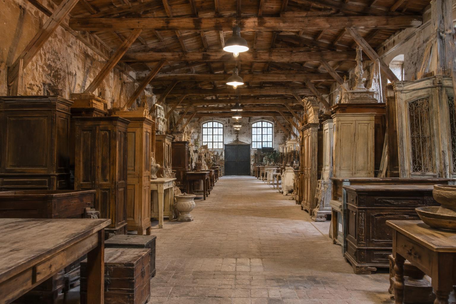 Antique warehouse with rows of rustic furniture